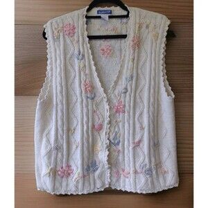 Vintage Pendleton Knit Vest Cottagecore Floral Hand Embroidered Scallop Sz L